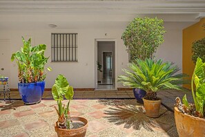 A courtyard with potted plants, a door, and a window with bars.