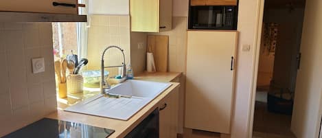 A compact kitchen with a built-in microwave, a sink, and a stove.