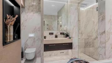 Hair dryer, towels, soap, toilet paper