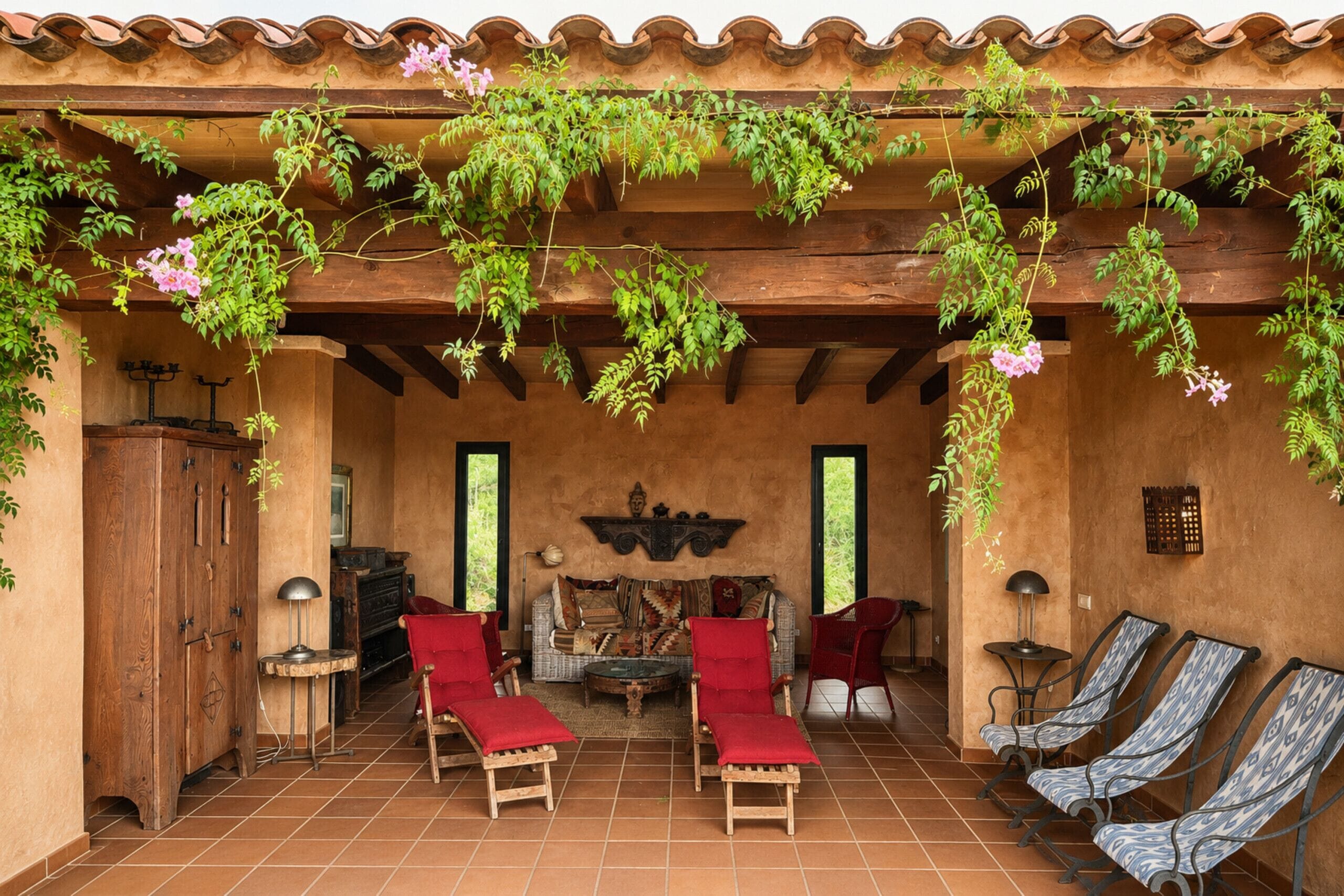 A covered outdoor seating area with wooden furniture and a rustic ambiance.