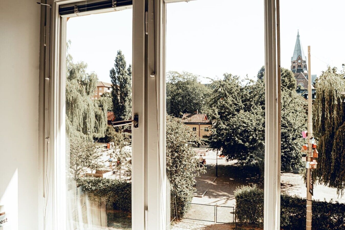 A view through a window with a view of a park, trees, and a distant building with a spire.