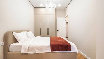 Minibar, desk, laptop workspace, iron/ironing board