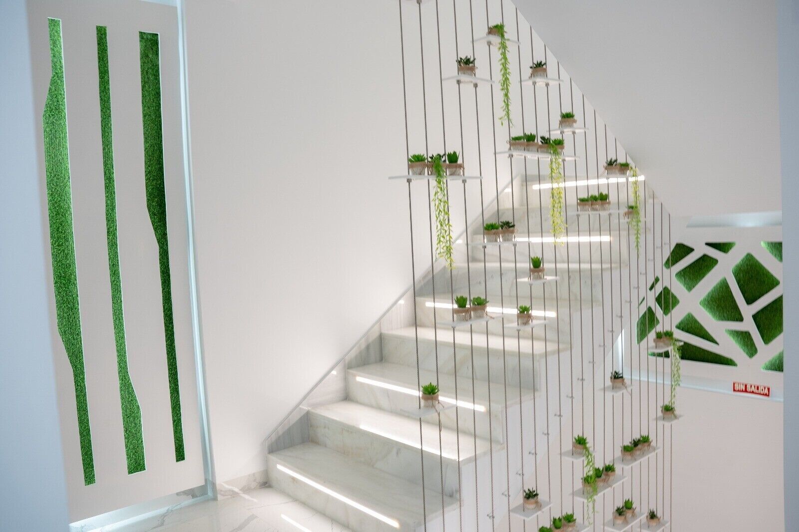 A staircase with white steps and green plants in planters.