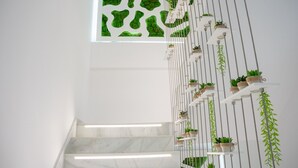 A staircase with a white railing, a wall with a green leafy pattern, and potted plants on the railing. - AP Alsa 1.3 with Shared Terrace, WiFi and Air Conditioning (Conil de la Frontera)