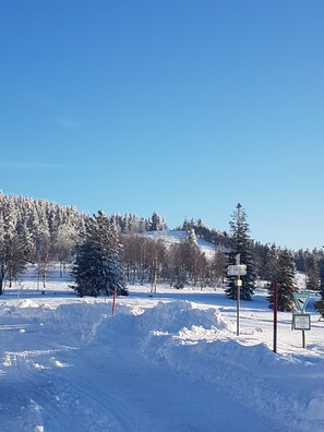 A snowy landscape with a clear sky, a snow-covered hill, and a signpost with directional information. - Modern Black Forest vacation rental for up to 5 people with an elevator. Pet-friendly! (Bad Peterstal-Griesbach)