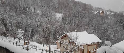 Paisaje nevado con una casa y árboles.