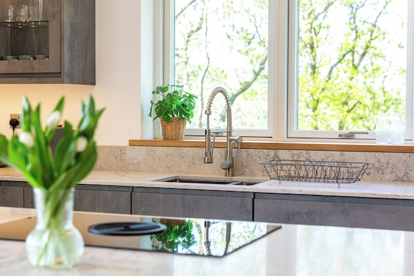 A modern kitchen with a built-in sink, a window with a view of trees, and a plant on the windowsill.