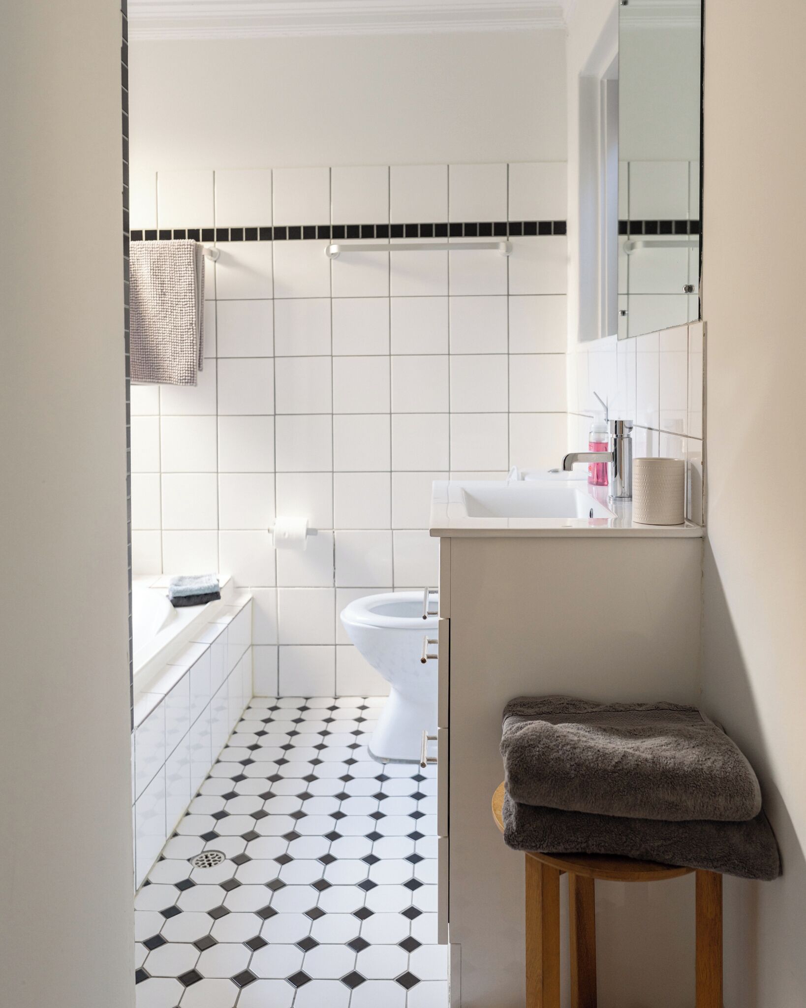 Hair dryer, towels, soap, toilet paper