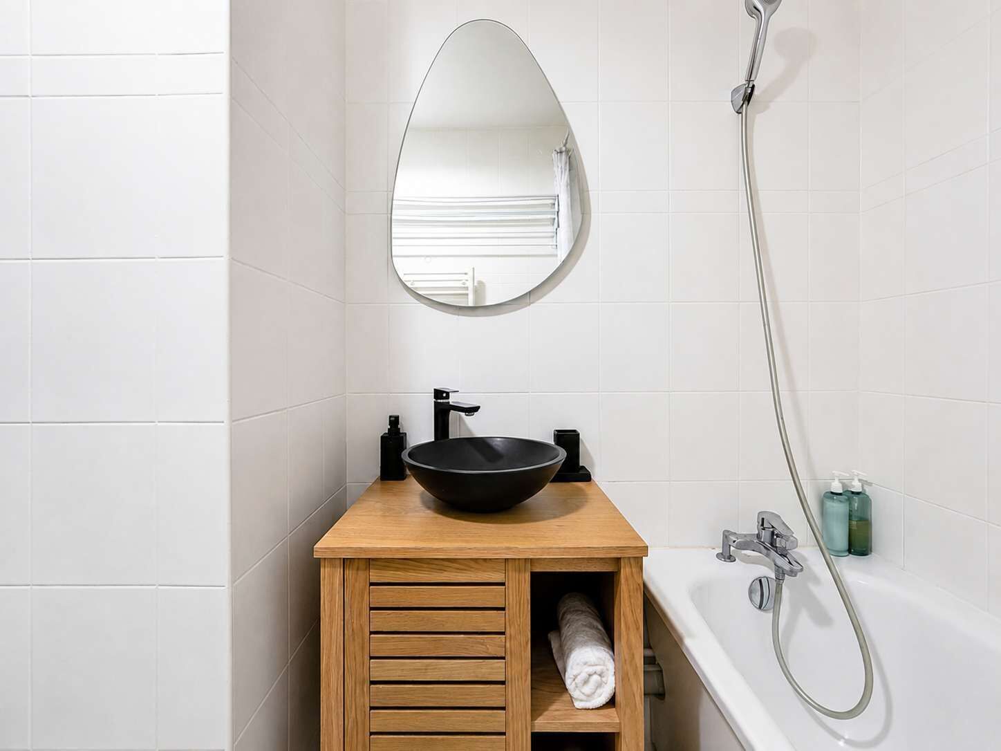 Shower, hair dryer, shampoo
