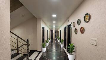 A hotel corridor with a staircase on the left, potted plants along the walls, and doors leading to rooms.