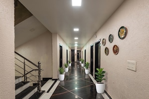 Un pasillo de hotel con una escalera a la izquierda, plantas en macetas a lo largo de las paredes y puertas que dan a las habitaciones.