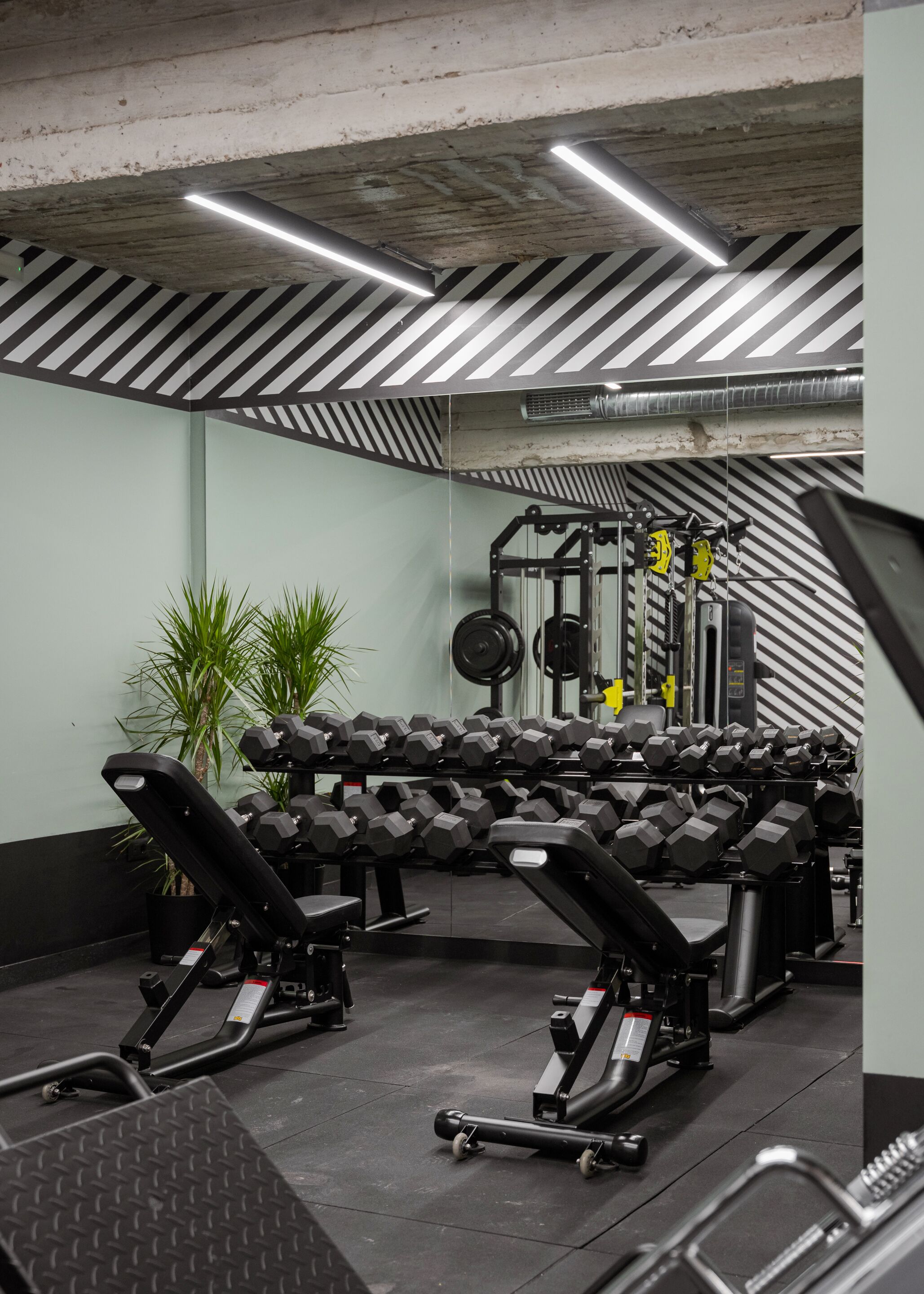 A gym with exercise equipment, including dumbbells and treadmills.