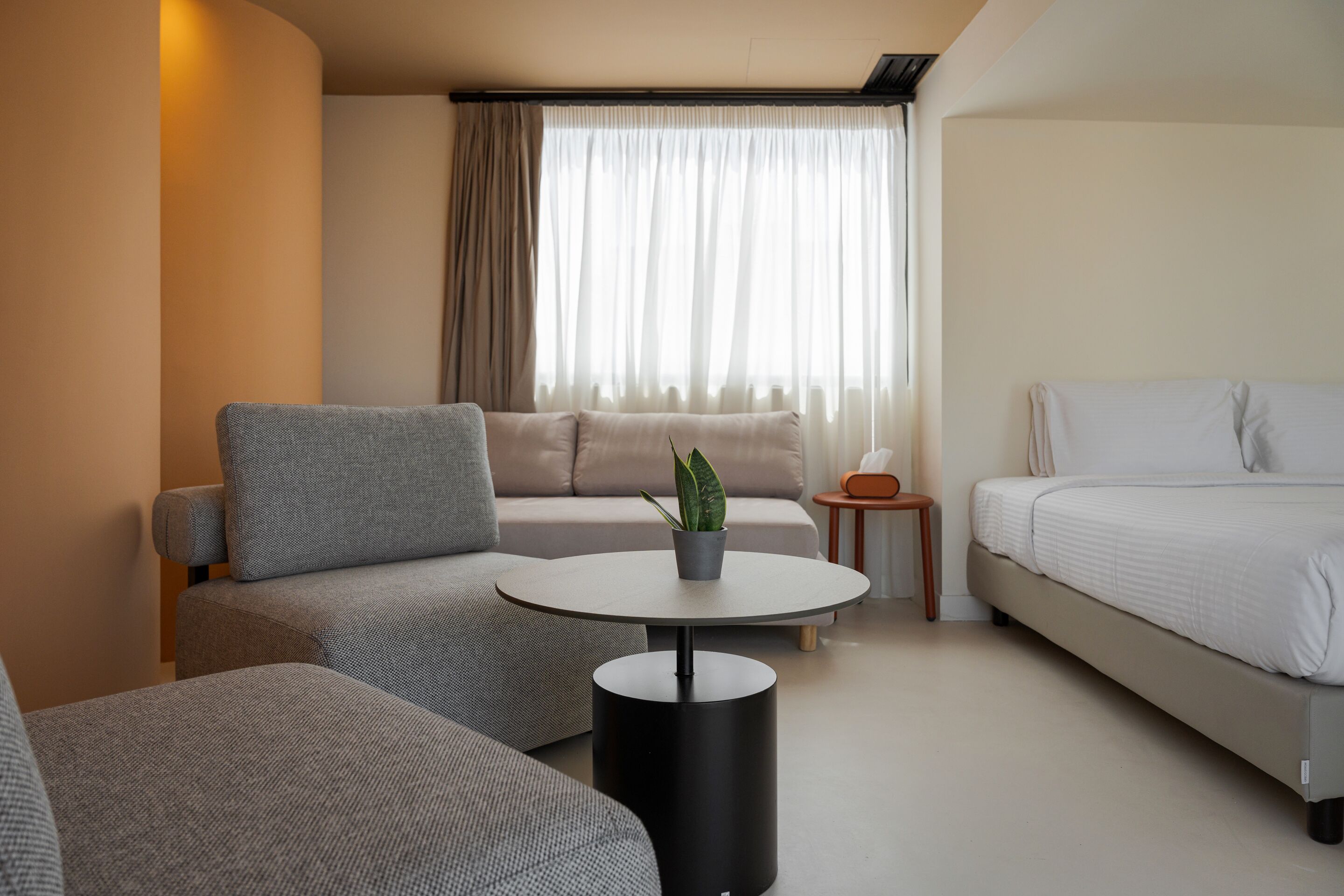A modern hotel room with a sofa, a round table with a potted plant, a small side table, and a bed.