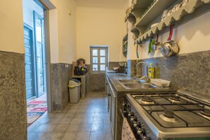 Eine Küche mit Gaskochfeld, Spüle und einem Fenster mit Blick.