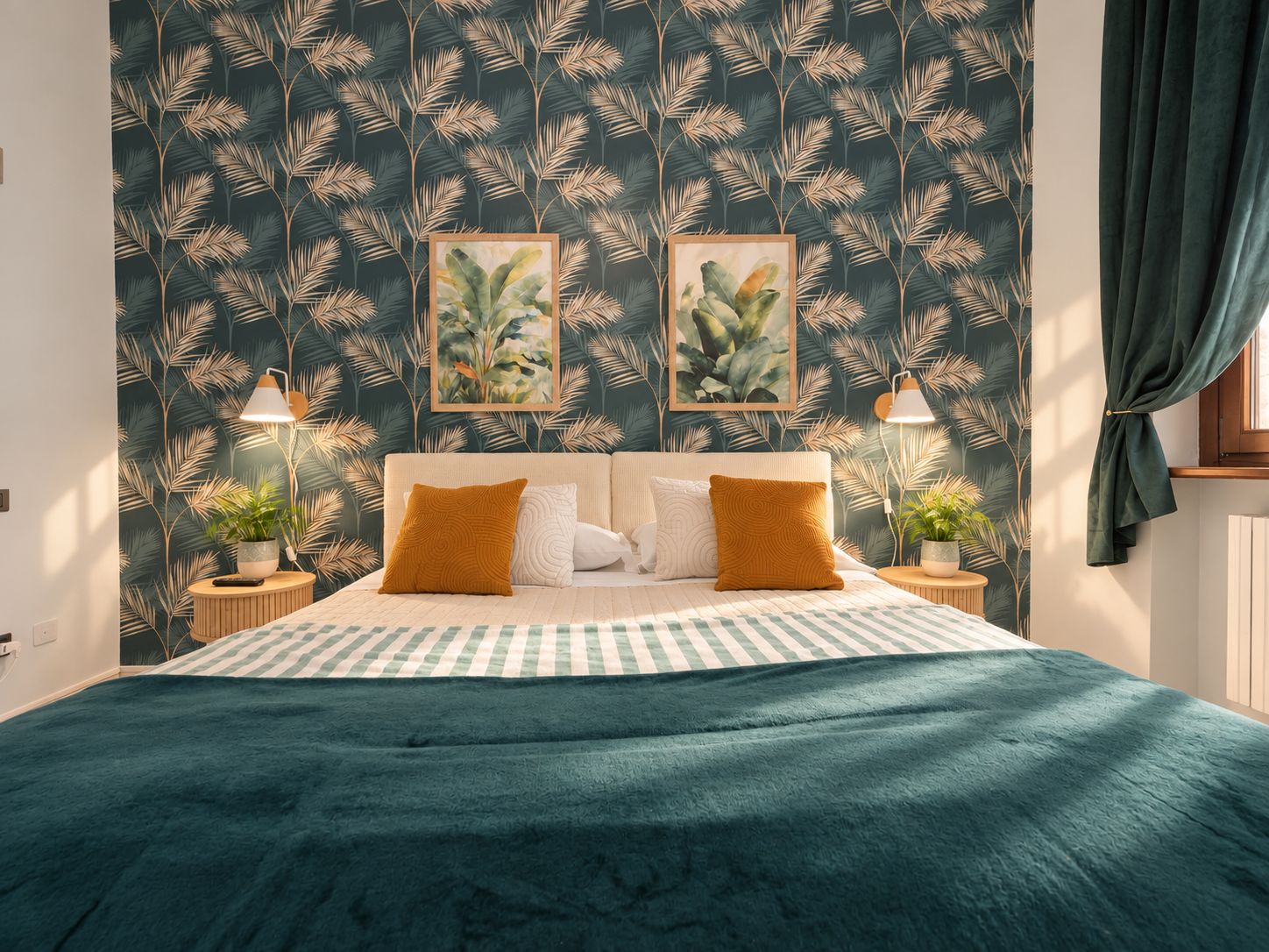 A bedroom with a bed, two nightstands, two lamps, and two framed botanical prints on the wall.