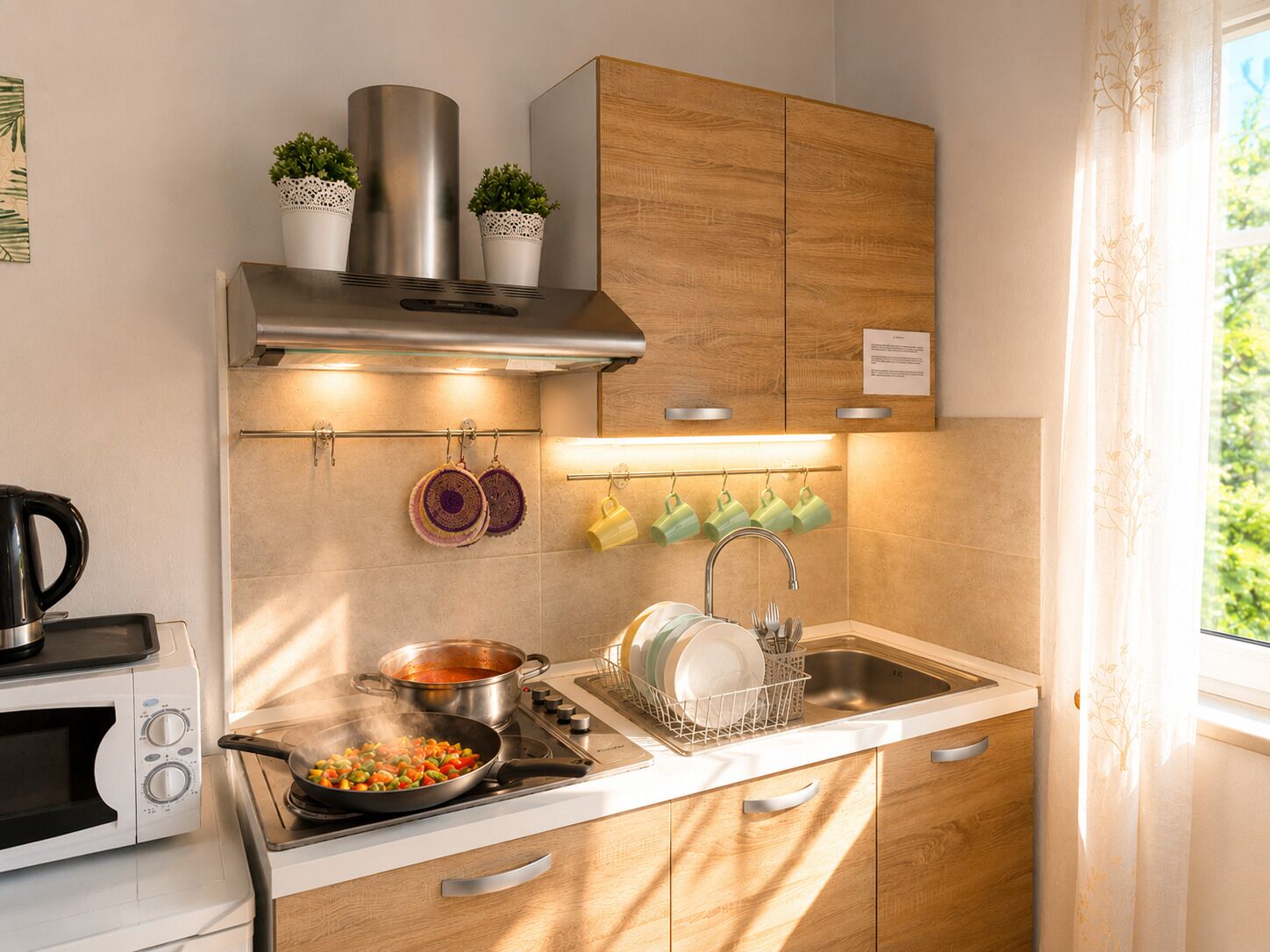A compact kitchen with a stove, microwave, and a sink. There are potted plants on the countertop, and a window with curtains.