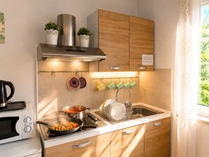 Een kleine keuken met een fornuis, magnetron en spoelbak. Op het aanrecht staan planten in potten, en er is een raam met gordijnen.