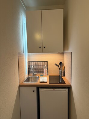 A compact kitchen with a sink, a Bosch dishwasher, and a countertop with a dish soap bottle, a sponge, and a utensil holder.