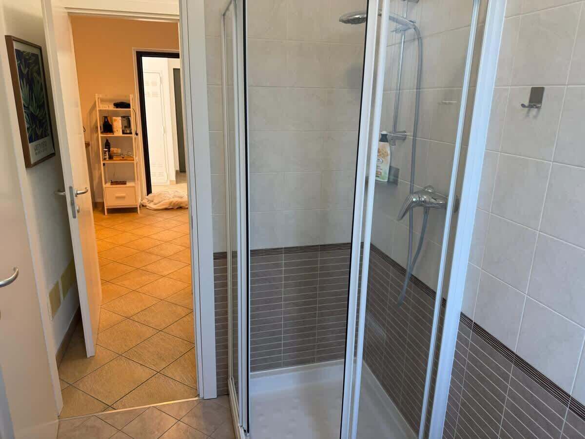 Shower, hair dryer, shampoo