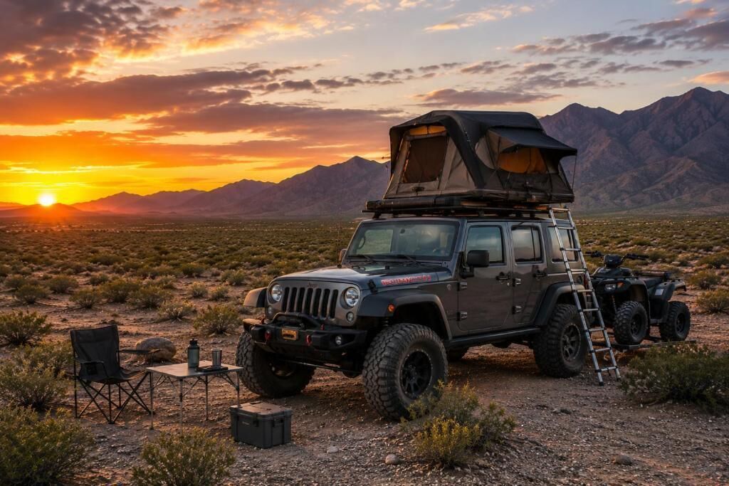 Une Jeep avec une tente et une échelle fixées à l’arrière, garée sur un sol en terre, avec un paysage désertique et des montagnes en arrière-plan.