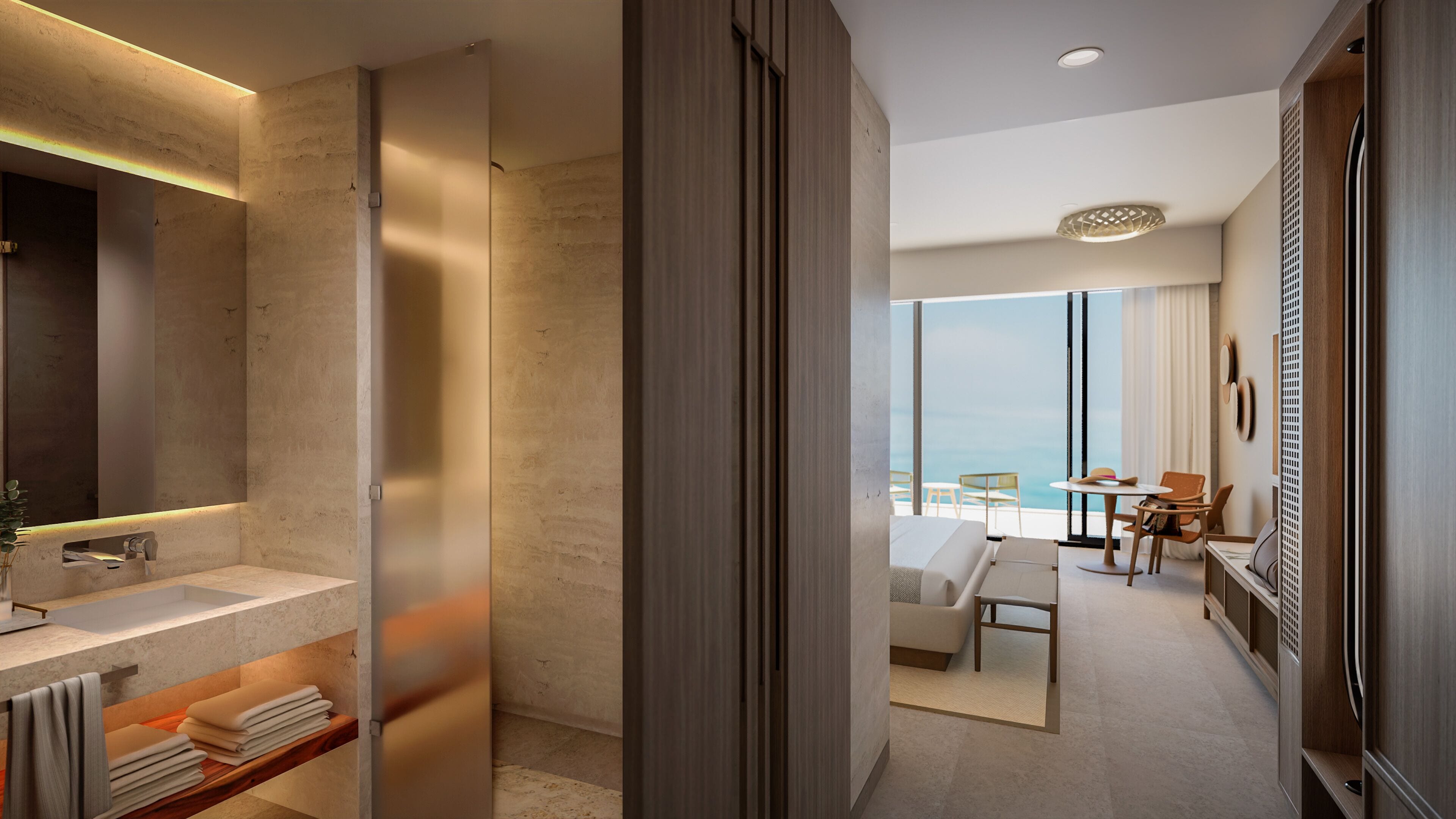 Una habitación de hotel moderna con un ventanal grande, un baño con lavamanos y espejo, y un área de comedor con una mesa y sillas.