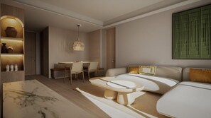 Une chambre d’hôtel moderne équipée d’un canapé, d’une table à manger et d’une table basse.
