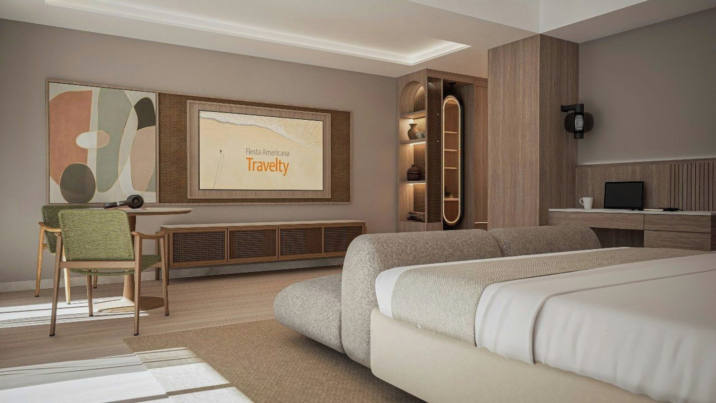 A modern hotel room with a large bed, a desk with a chair, a television, and a wall-mounted shelf with decorative items.