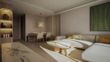 A modern hotel room with a bed, a dining area, and a seating area.