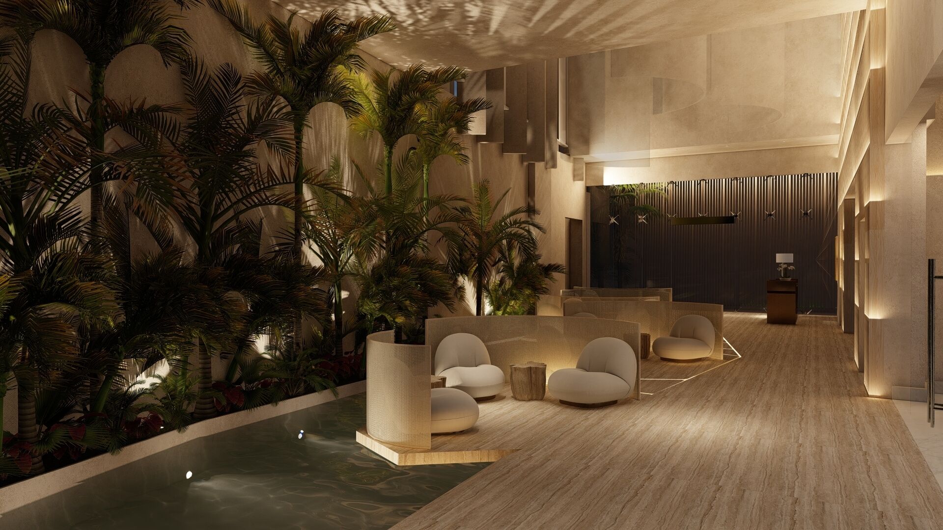 Um lobby moderno com piscina, áreas de estar e plantas tropicais.