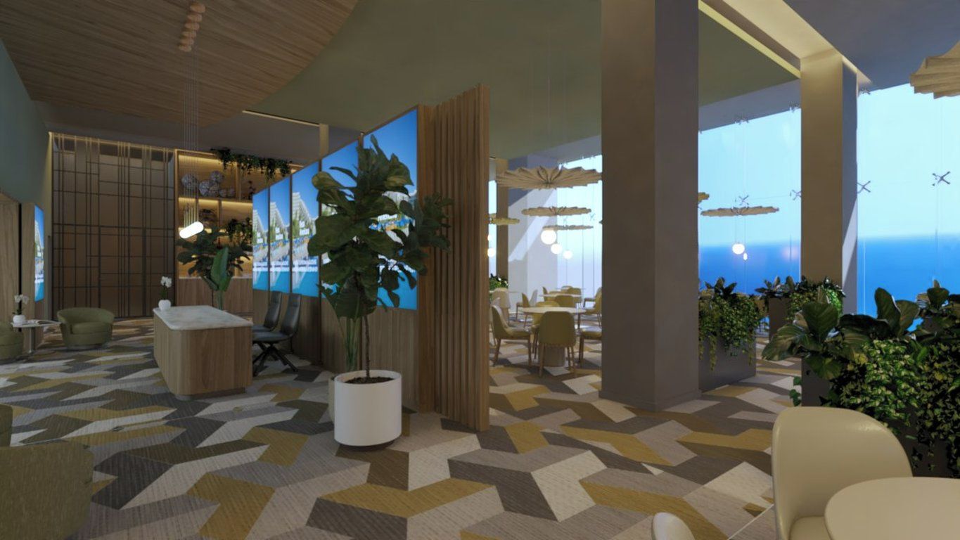 A modern interior with a geometric patterned floor, a reception desk, seating area, and large windows with a view.