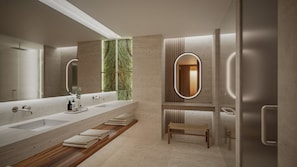 A modern bathroom with a long vanity, a large mirror, and a bench. - Grand Fiesta Americana Riviera Cancún (Puerto Morelos)