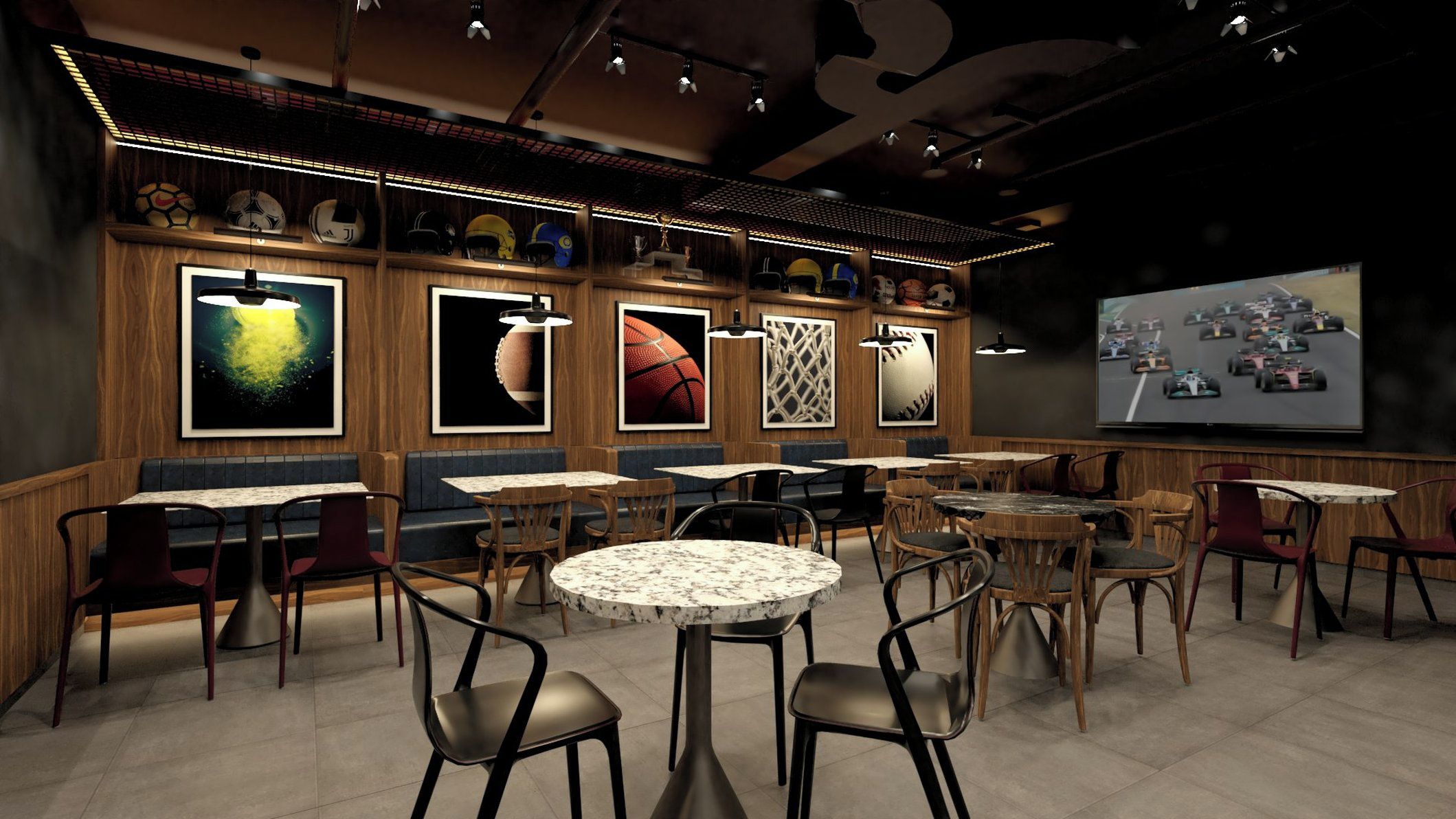 A restaurant with booths, round tables, and a projection screen displaying a racing event.