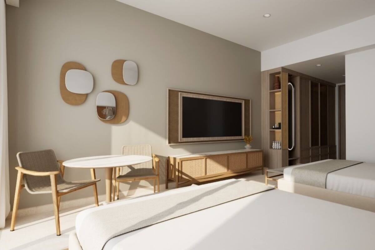 Habitación Deluxe, 2 camas matrimoniales, vista a la laguna | Ropa de cama de alta calidad, minibar, escritorio y cortinas blackout