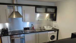 Una cocina funcional con estufa, horno, pileta y lavadora integrada.