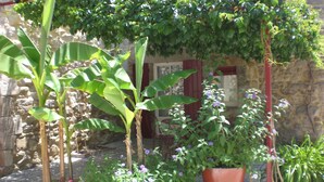 Un jardín con plantas en macetas, un muro de piedra y una puerta roja.