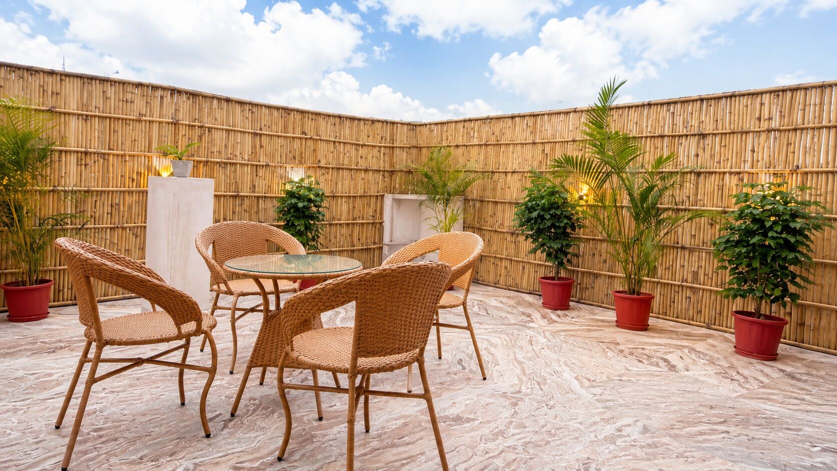 An outdoor patio area with wicker furniture and potted plants.