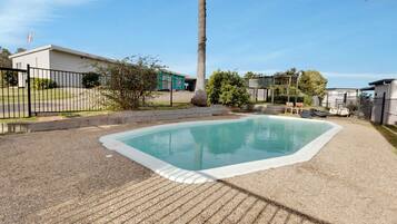 A rectangular swimming pool with a surrounding gravel area and a palm tree.