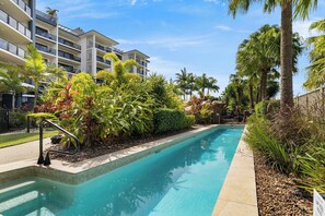 Una piscina con borde de azulejos, rodeada de plantas tropicales y palmeras, con un edificio de varios pisos al fondo.