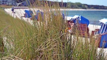 Ein Strand mit blauen Sonnenschirmen und Liegestühlen, ein sandiger Uferstreifen und ein Gebäude im Hintergrund.