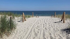 A sandy beach path leading to the ocean with wooden posts and grass on either side. - Just 50 meters from the sandy Baltic Sea beach, Wi-Fi, washing machine, accommodates up to 4 people, with a balcony (Glowe)