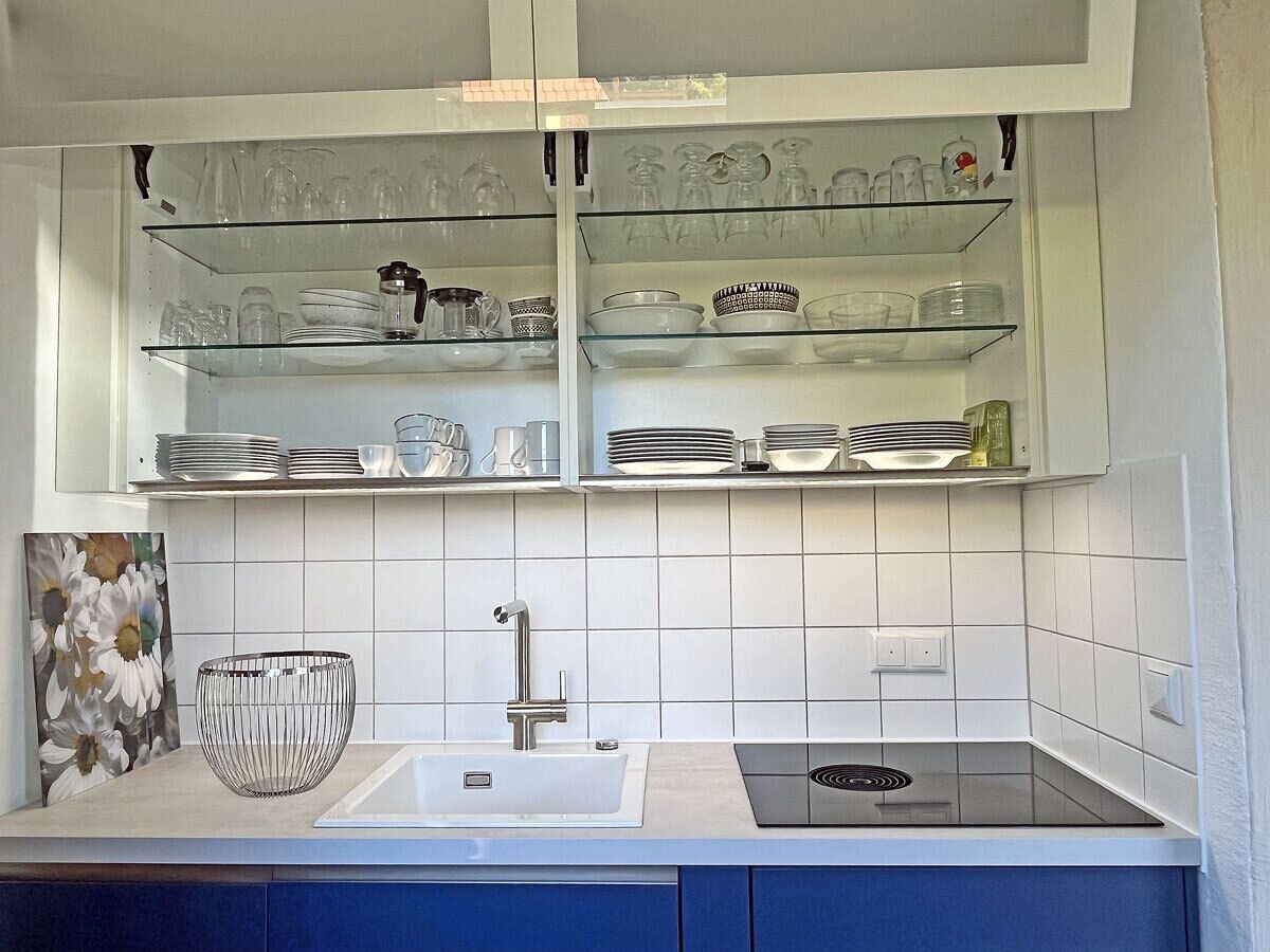Une cuisine avec un évier blanc, un robinet en acier inoxydable et une plaque de cuisson à induction noire. Des étagères en verre sont placées au-dessus de l’évier et servent à ranger différents plats et verres.