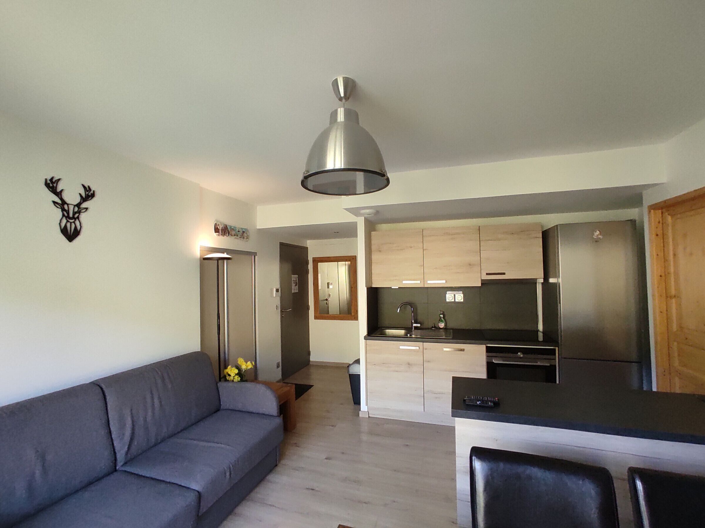 A modern living room with a grey sofa, a dining area with a black table and chairs, a kitchen with wooden cabinets and a stainless steel refrigerator, and a ceiling light fixture.