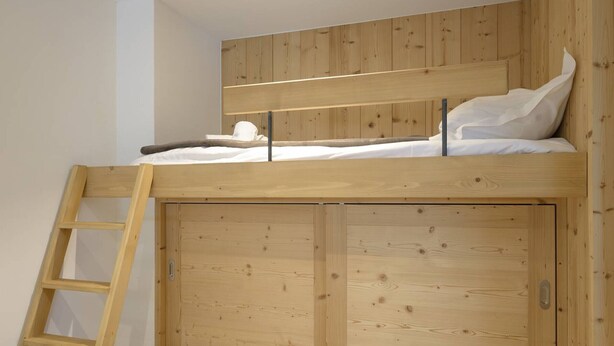 A bunk bed with a wooden ladder and a wardrobe with a sliding door.