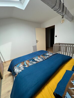 A bedroom with a bed, a radiator, a door, and a light fixture.