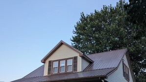 Une maison à deux étages avec un porche, une pelouse devant et un chien.