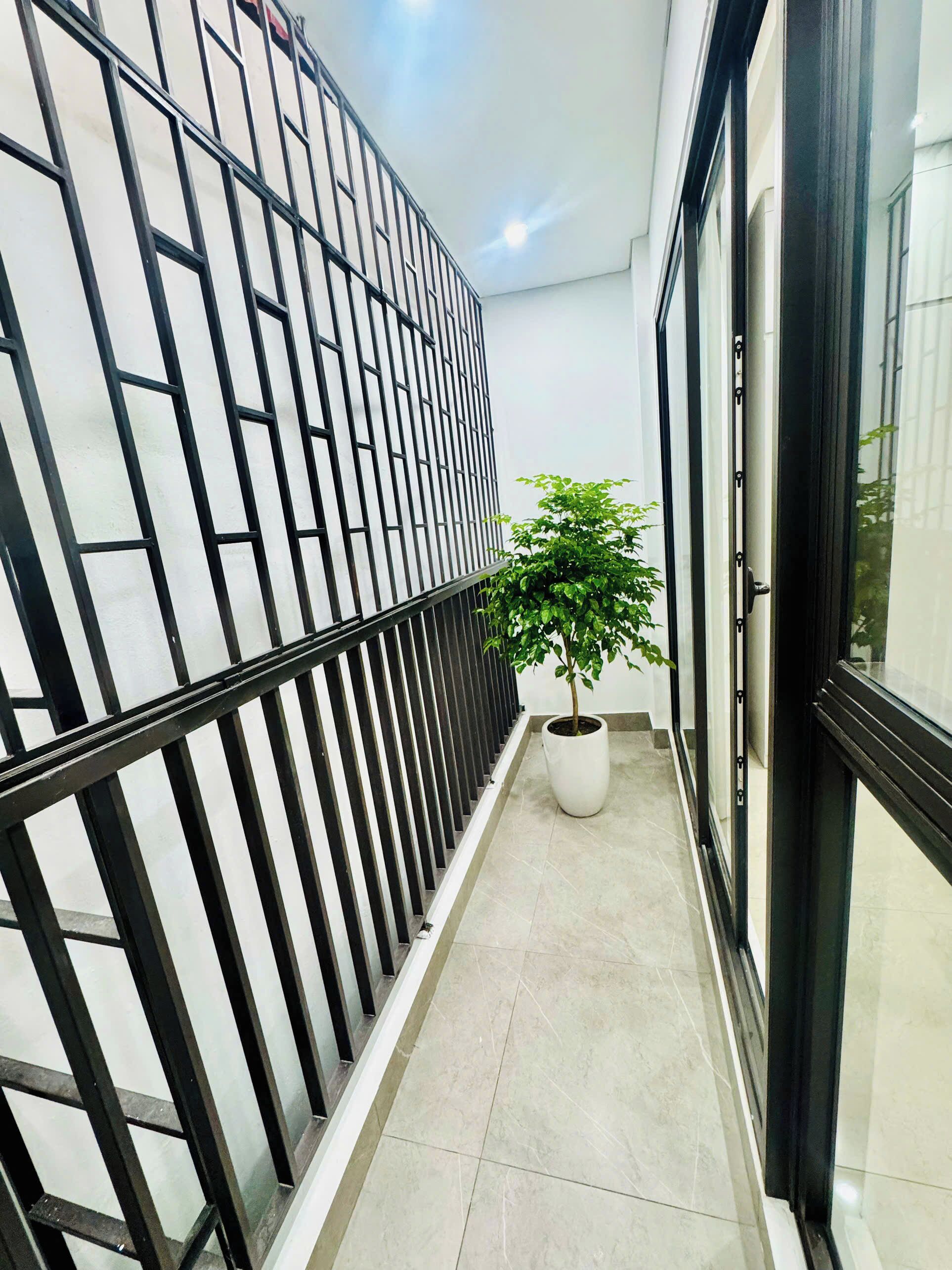 A narrow corridor with a metal railing, a potted plant, and a glass door.