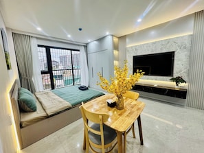 Desk, laptop workspace, blackout curtains, soundproofing - 25 House 268 Ngoc Thuy (Hanoi)