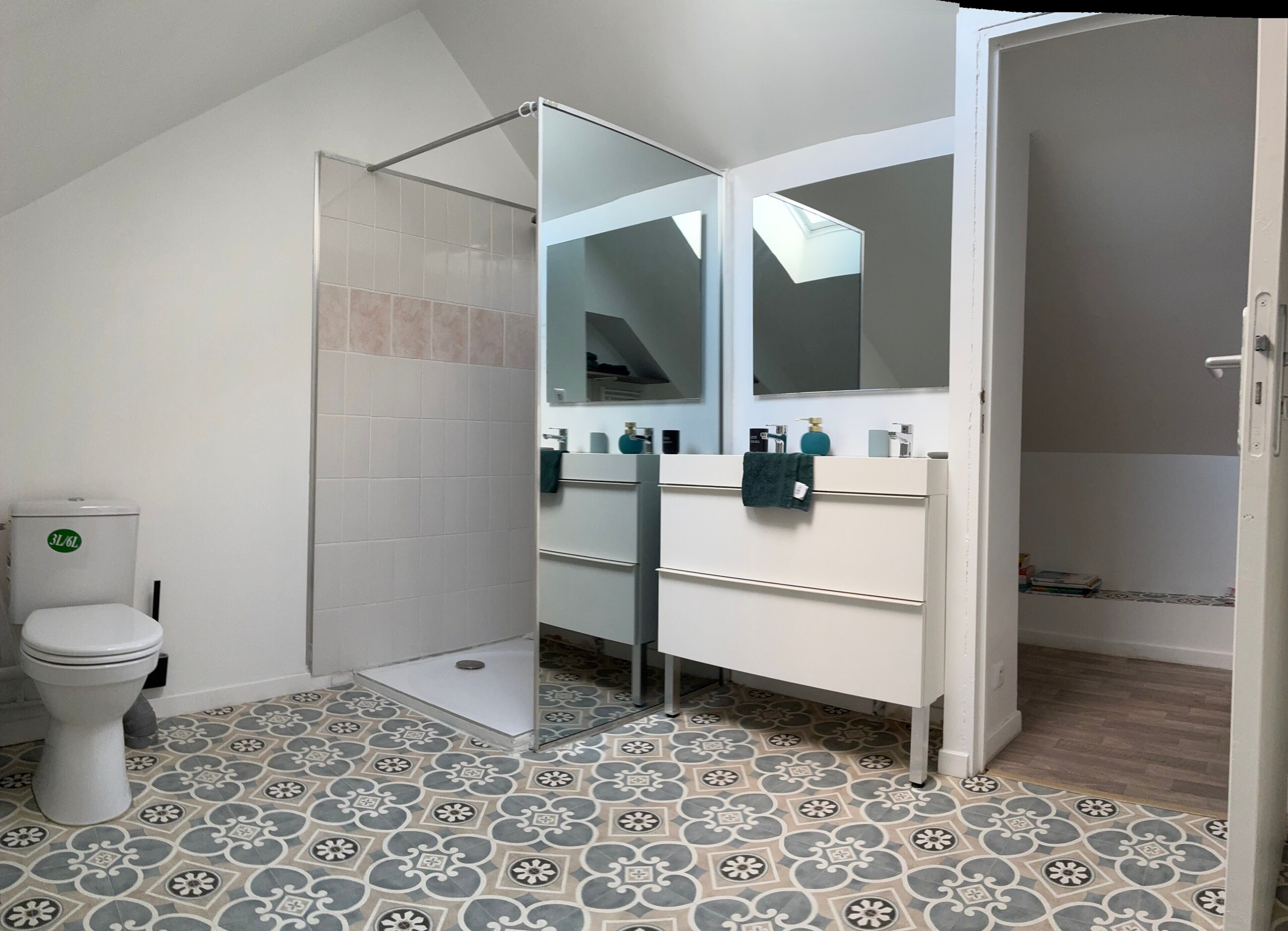 Une salle de bain équipée d’une douche, de toilettes et d’un meuble-lavabo avec un miroir.