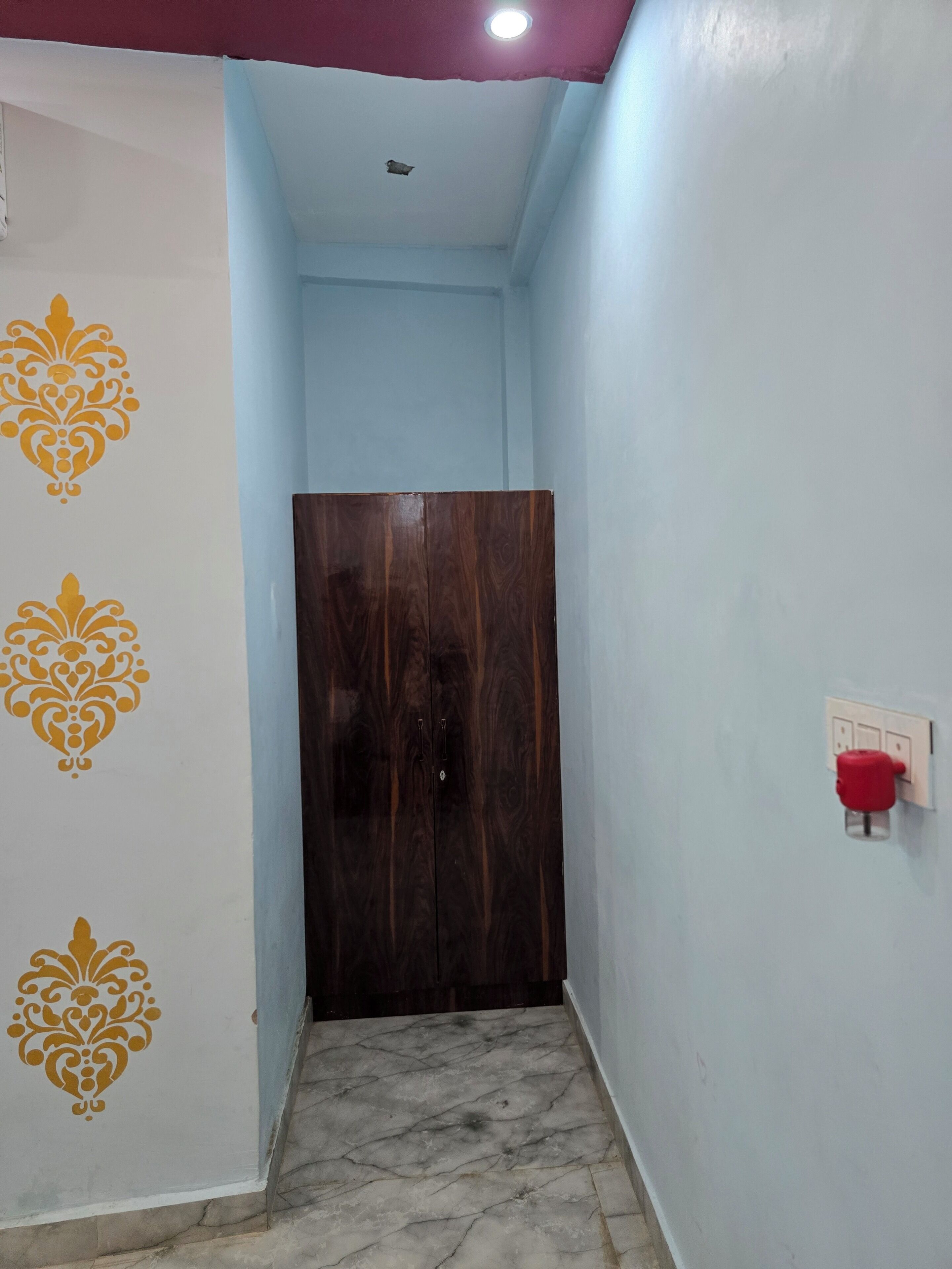 A narrow hallway with a wooden door, a light switch, and decorative wall patterns.