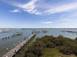 A marina with multiple docks extending into calm waters, surrounded by dense greenery. - Three-Story Home | Boat Slip | Walk Downtown (Saint Augustine)